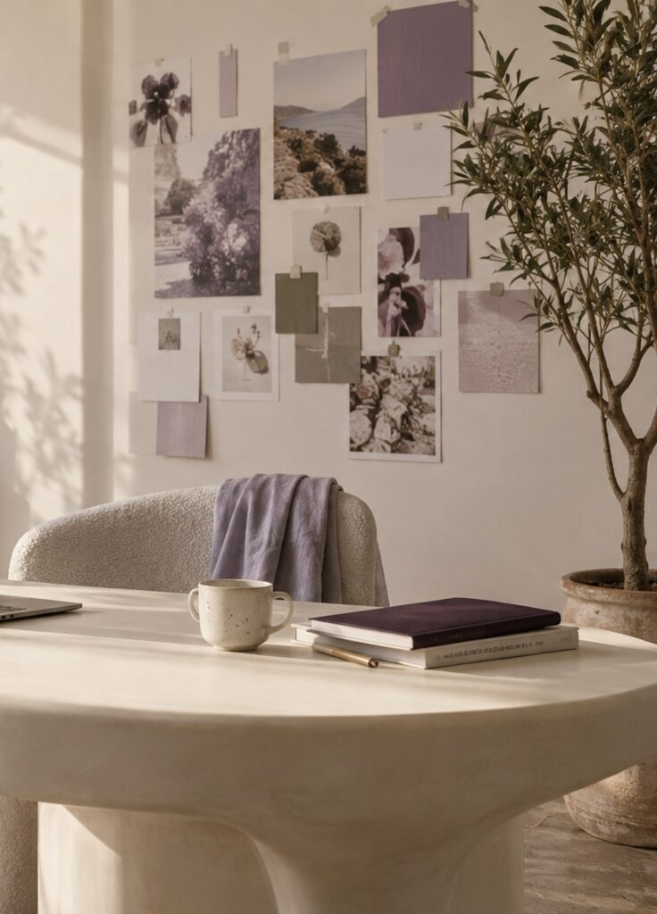 A calm studio corner with a moodboard, olive tree and notebooks