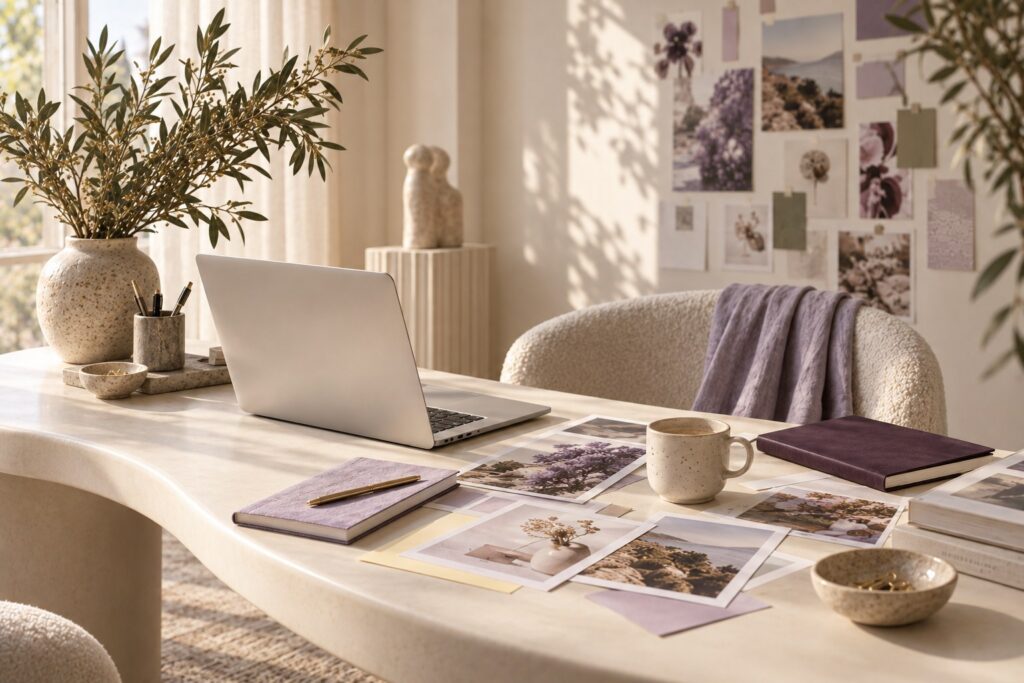 Calm studio desk with laptop, notebooks and printed moodboard images