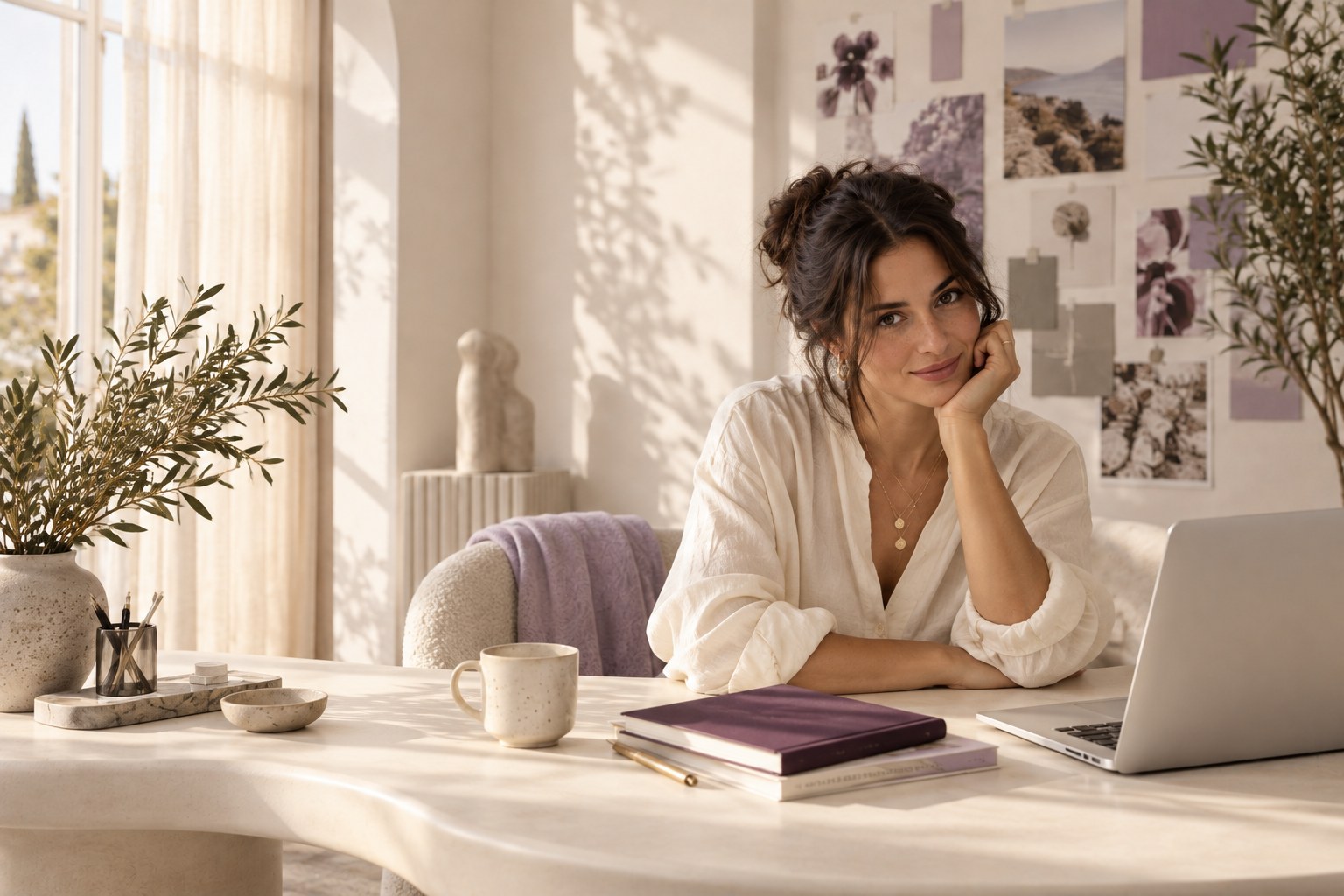 Studio founder smiling at a light-filled desk with a laptop and lavender notebooks